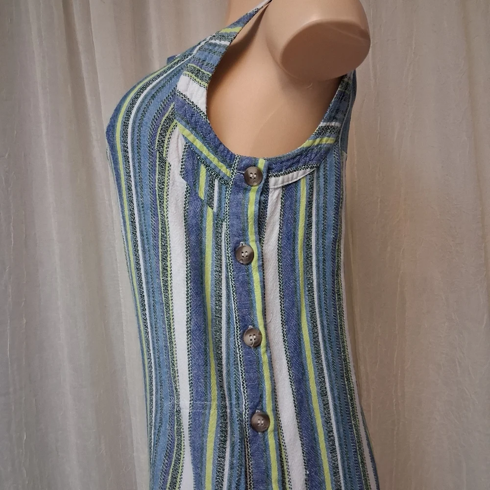 For Cynthia Blue and Green Striped Mini Dress Women Sz XS 55%Lino 48% Viscose - Picture 6 of 16